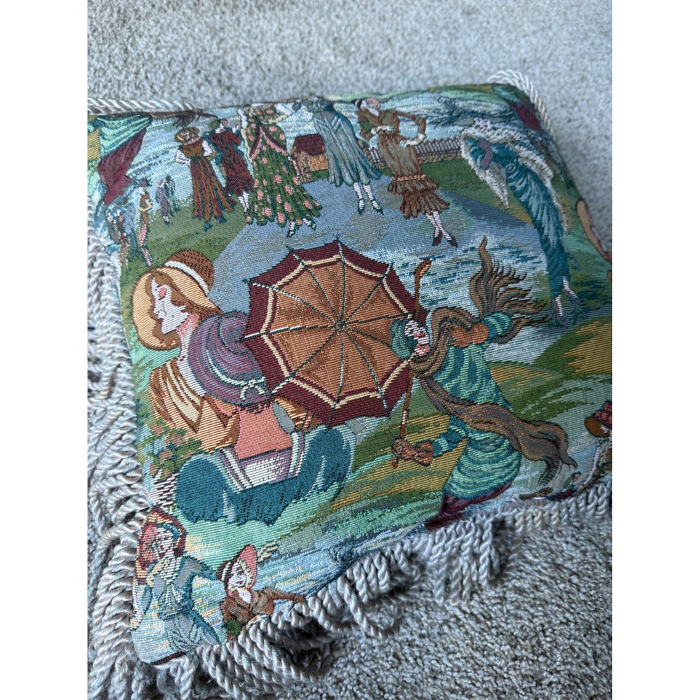 Vintage Victorian Tapestry Throw Pillow with Fringe Ladies in‎ Garden Scene